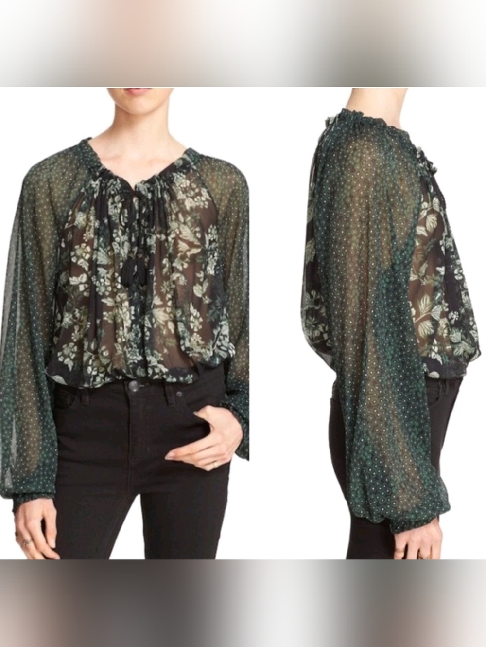 Free People Hendrix Floral Peasant Blouse Top Sz  M/L Chiffon Sheer Boho Green